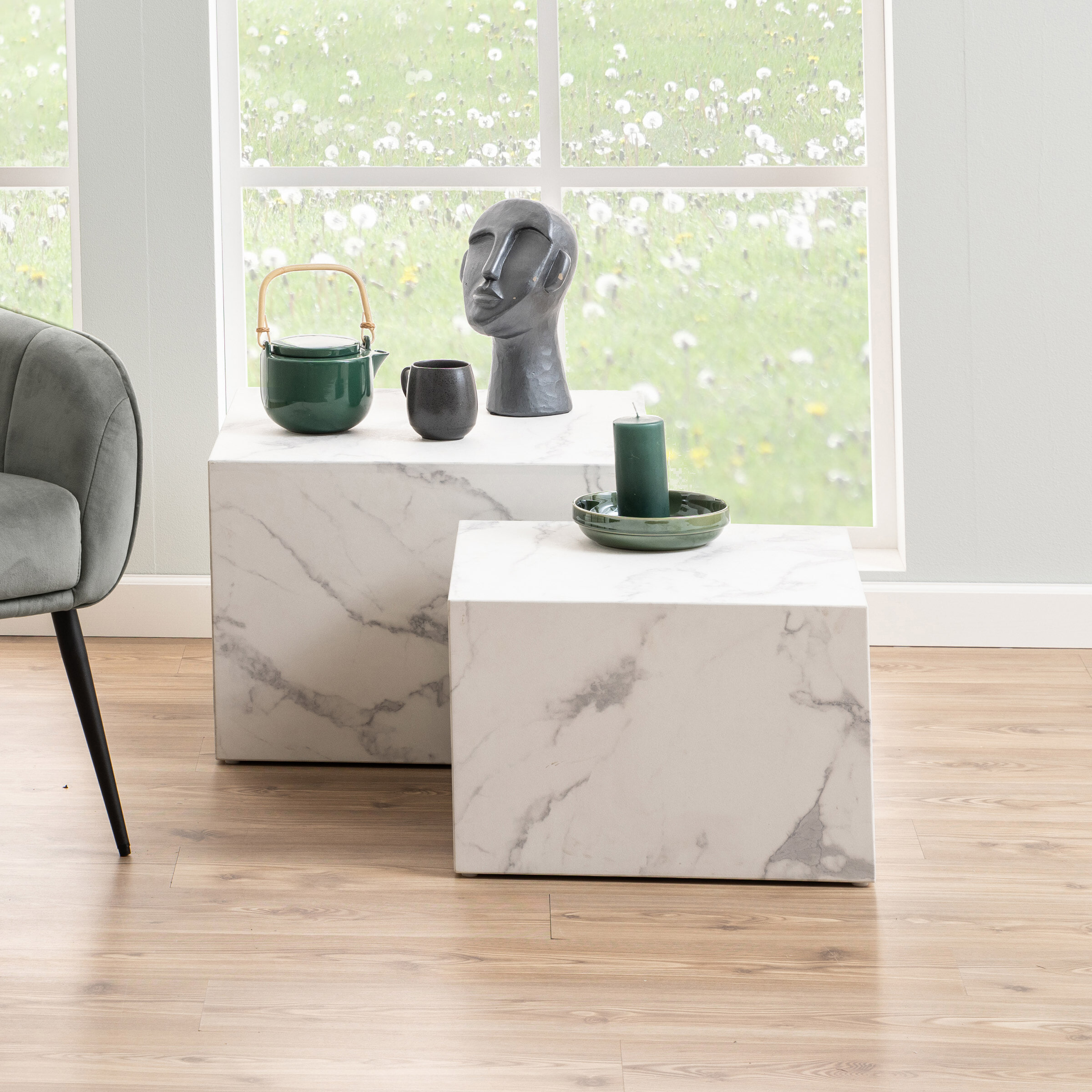 Bendt Salontafel Flavian Set van 2 stuks, Marmerlook - Wit - Vierkant