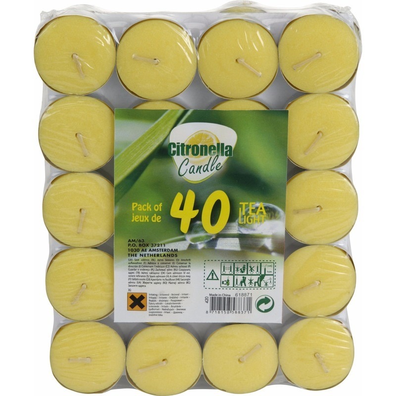 Merkloos Citronella waxinelichtjes/theelichtjes - 40x stuks - waxine kaarsjes - gitrus geurkaarsen -