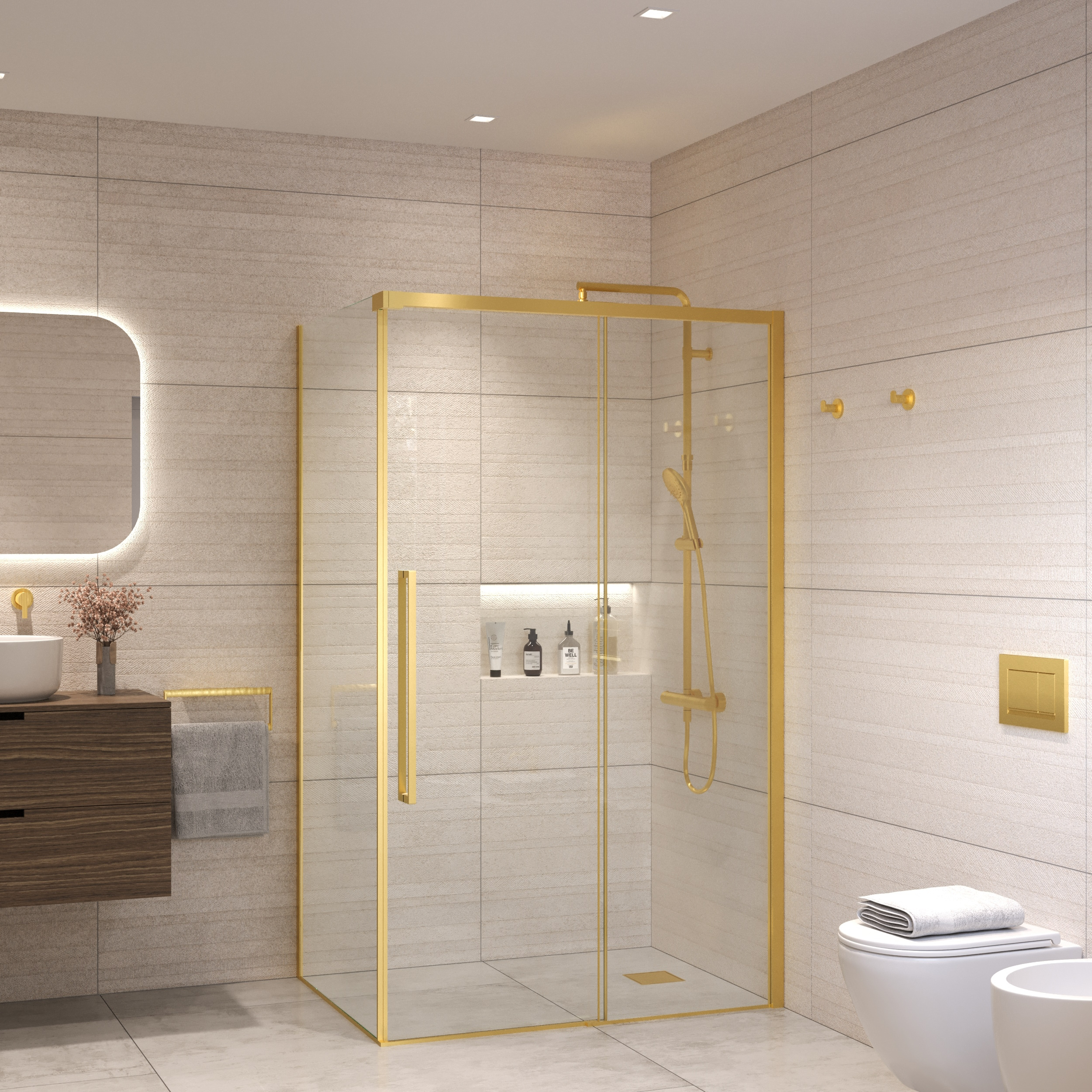 Sanivo Douchecabine  Nova Soft Close Geborsteld Messing Goud Helder Glas (Alle Maten)