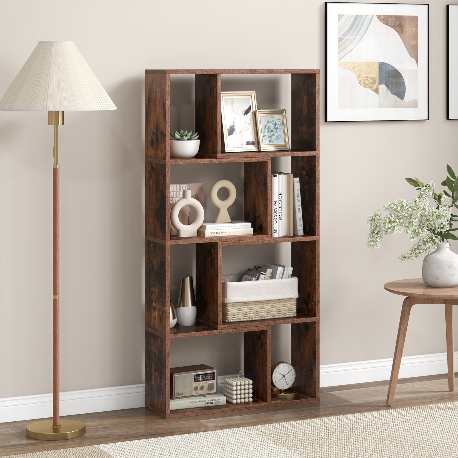 Costway Boekenkast met 4 Niveaus Staande Kast met 8 Vakken Kubusrek Kast 60 x 20 x 120 cm Bruin