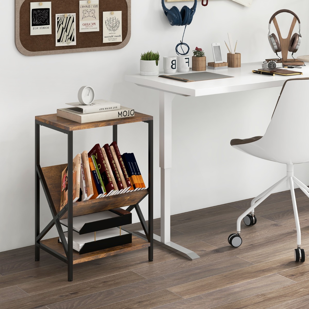 Costway 3-Laags Bijzettafel V-Vormige Tijdschriftenhouder X-Vormig Metalen Frame en Verstelbare Voetkussens 40 cm x 30 cm x 61 cm