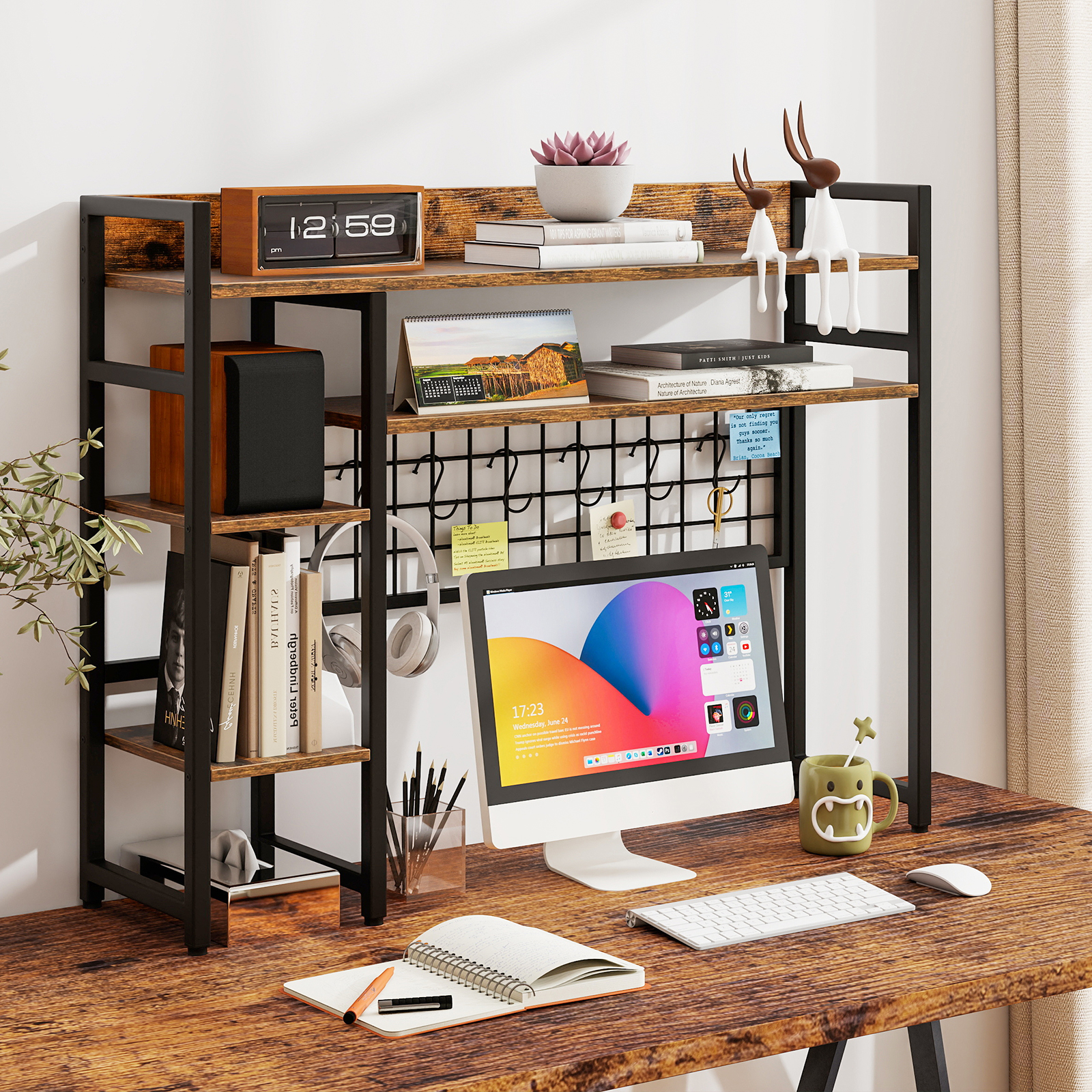 Costway Bureauplank met 4 Planken en 6 Haken Bureauplank Bureau Opzetplank Boekenkast Bruin