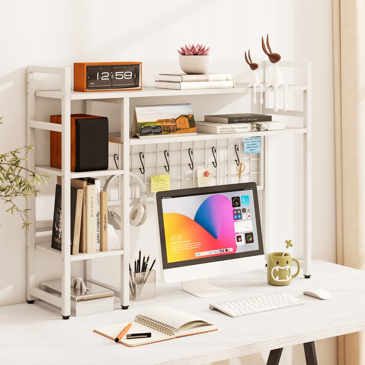Costway Bureauplank met 4 Planken & 6 Haken Bureauplank Bureau-opzetplank Boekenplank Wit