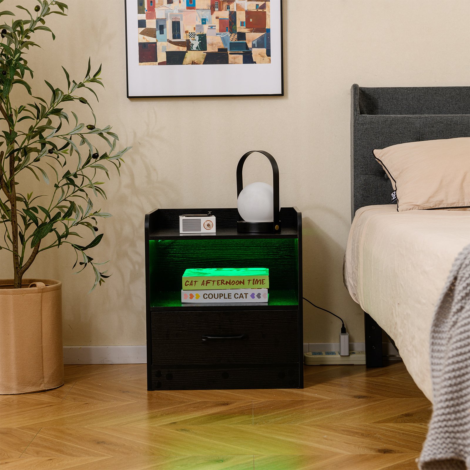 Costway Nachtkastje met LED-verlichting & Open Vak & Lade Bijzettafel Nachtkastje Zwart
