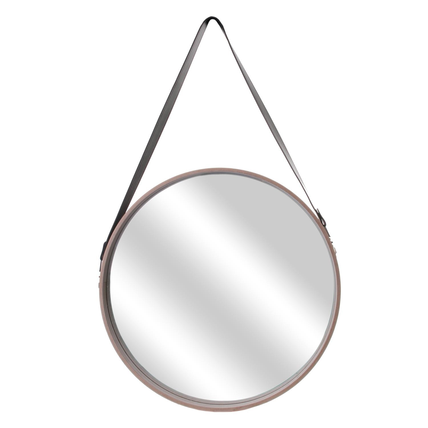 Home Deco Factory spiegel - rond - hout - met leren handvat - D40 cm -