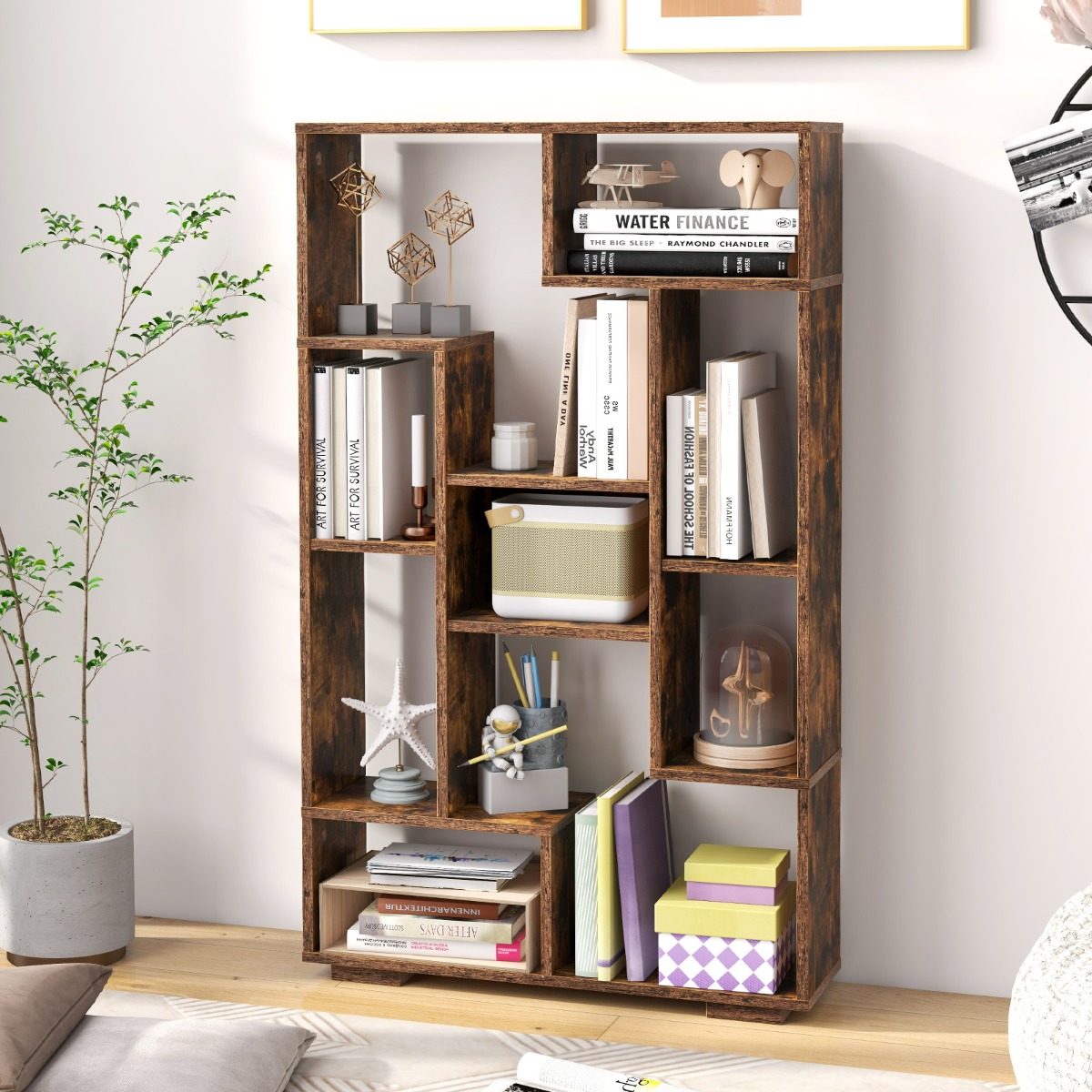 Costway Modern Boekenrek met Open Planken & Kantelbeveiliging Geometrisch Multifunctioneel rek Bruin