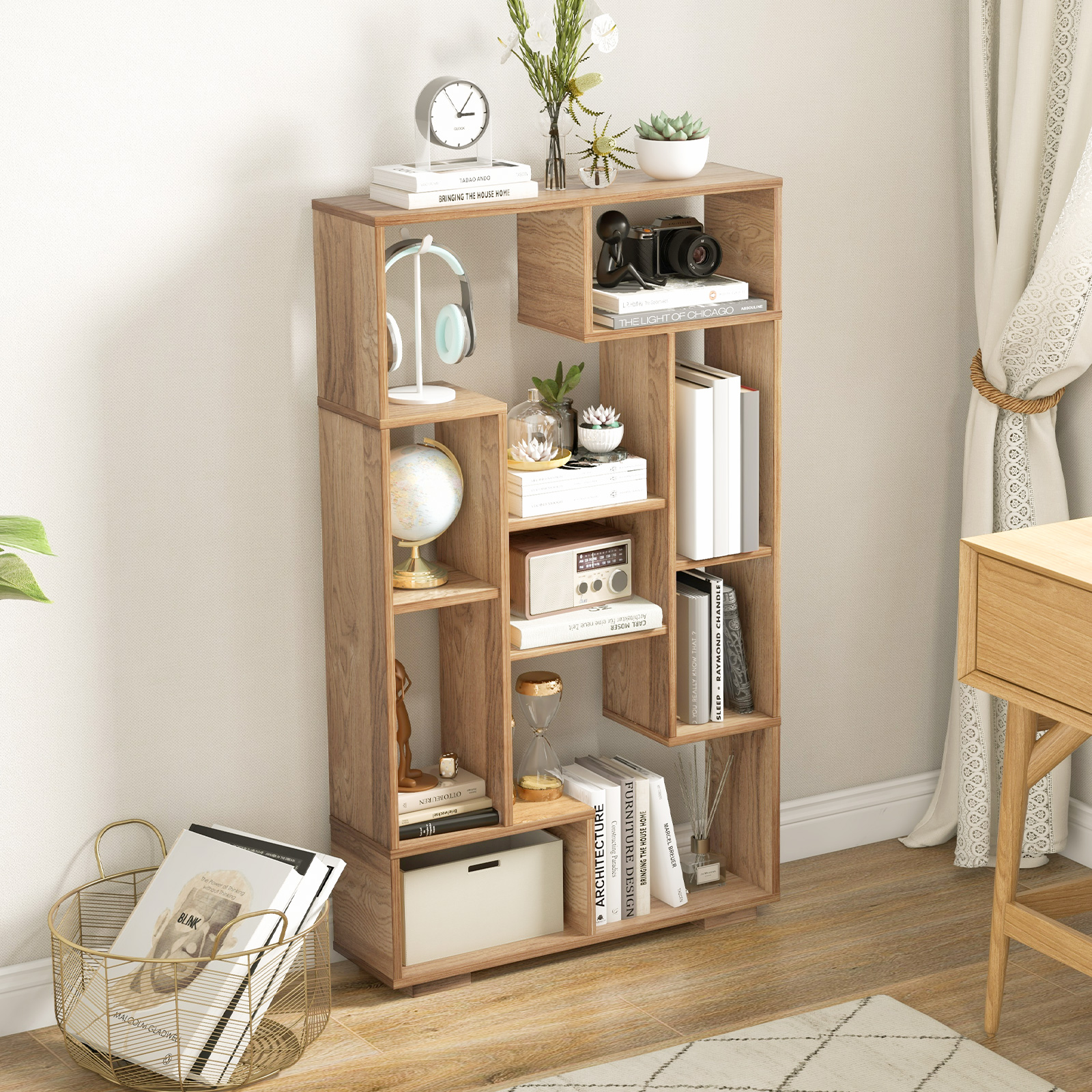 Costway Modern Boekenrek met Open Planken en Kantelbeveiliging Geometrisch Multifunctioneel Rek Natuur