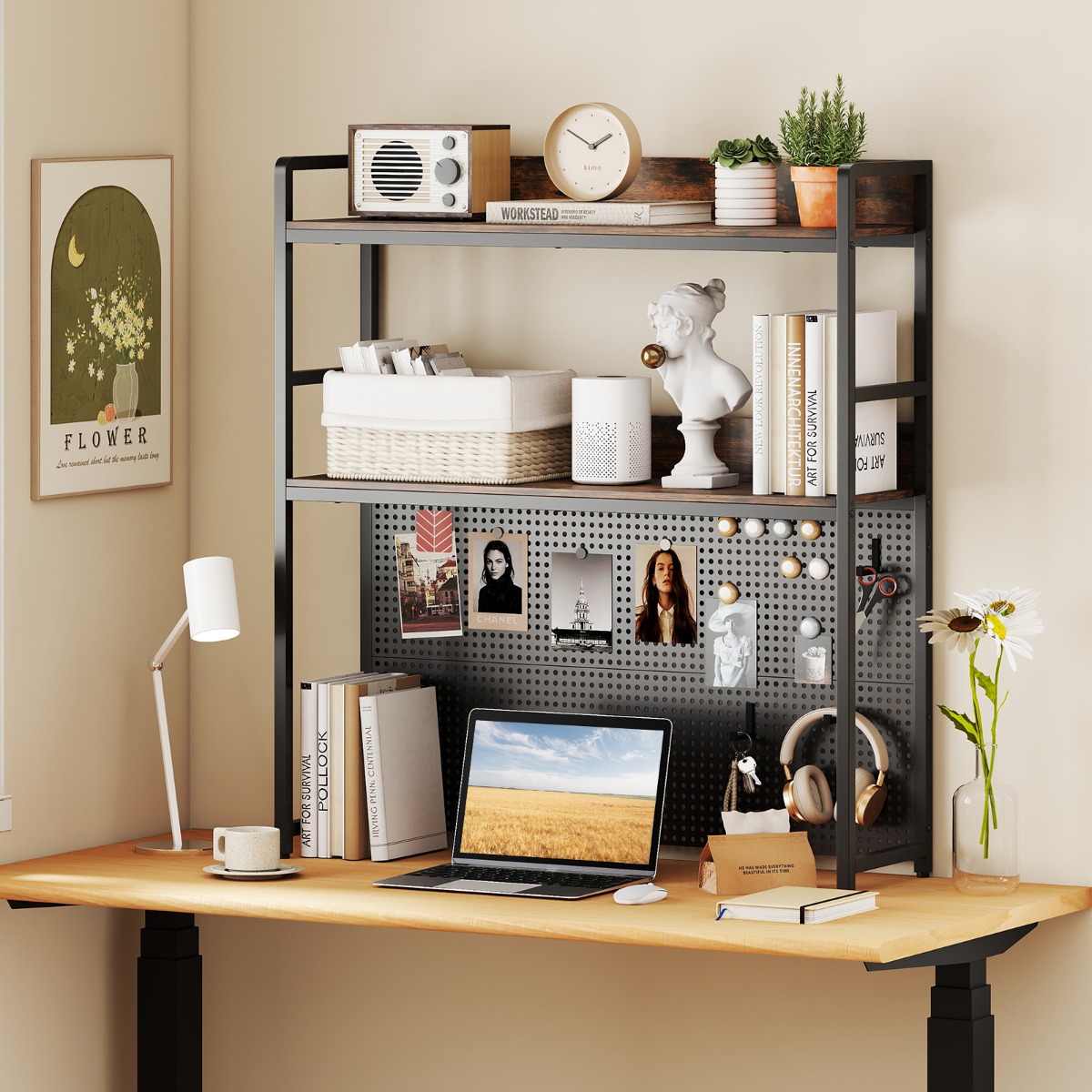Costway Bureau rek met Prikbord & Metalen Frame Bureau Rek Bureau Opzetrek Boekenrek
