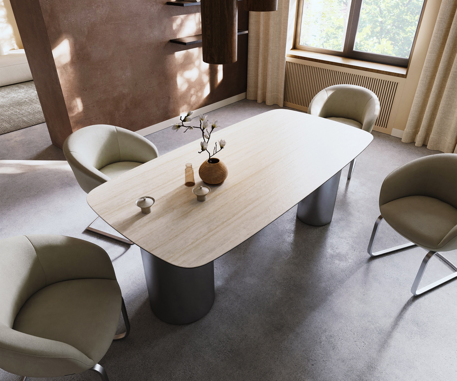 DELIFE Esstisch Edge Boot 200x100 Keramik Laminam Travertino Bianco Creme-Weiß Troa Edelstahl gebürstet