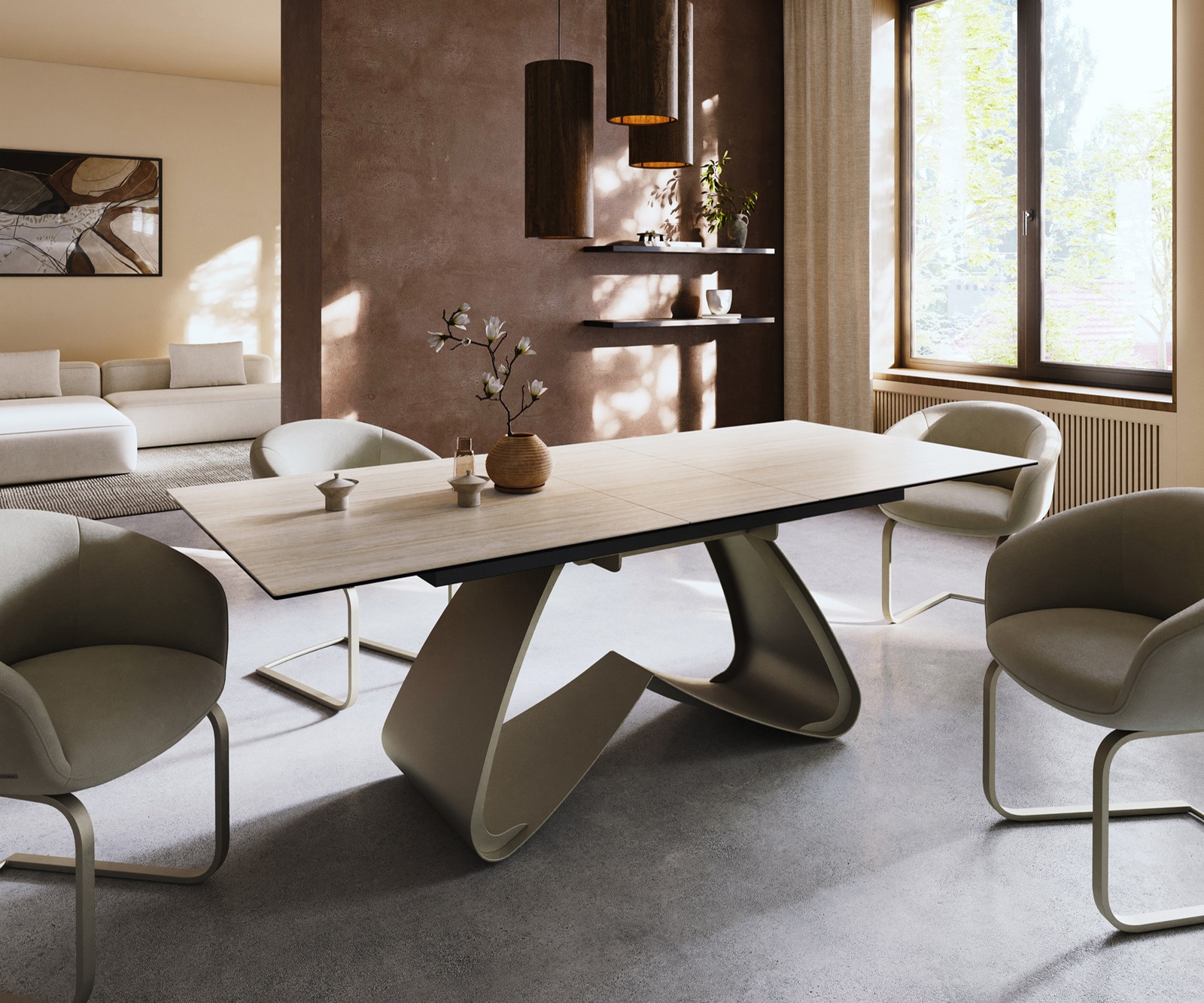 DELIFE Esstisch Edge 180-220x100 Keramik Laminam Travertino Bianco Creme-Weiß W-Gestell Effektfinish Titan ausziehbar
