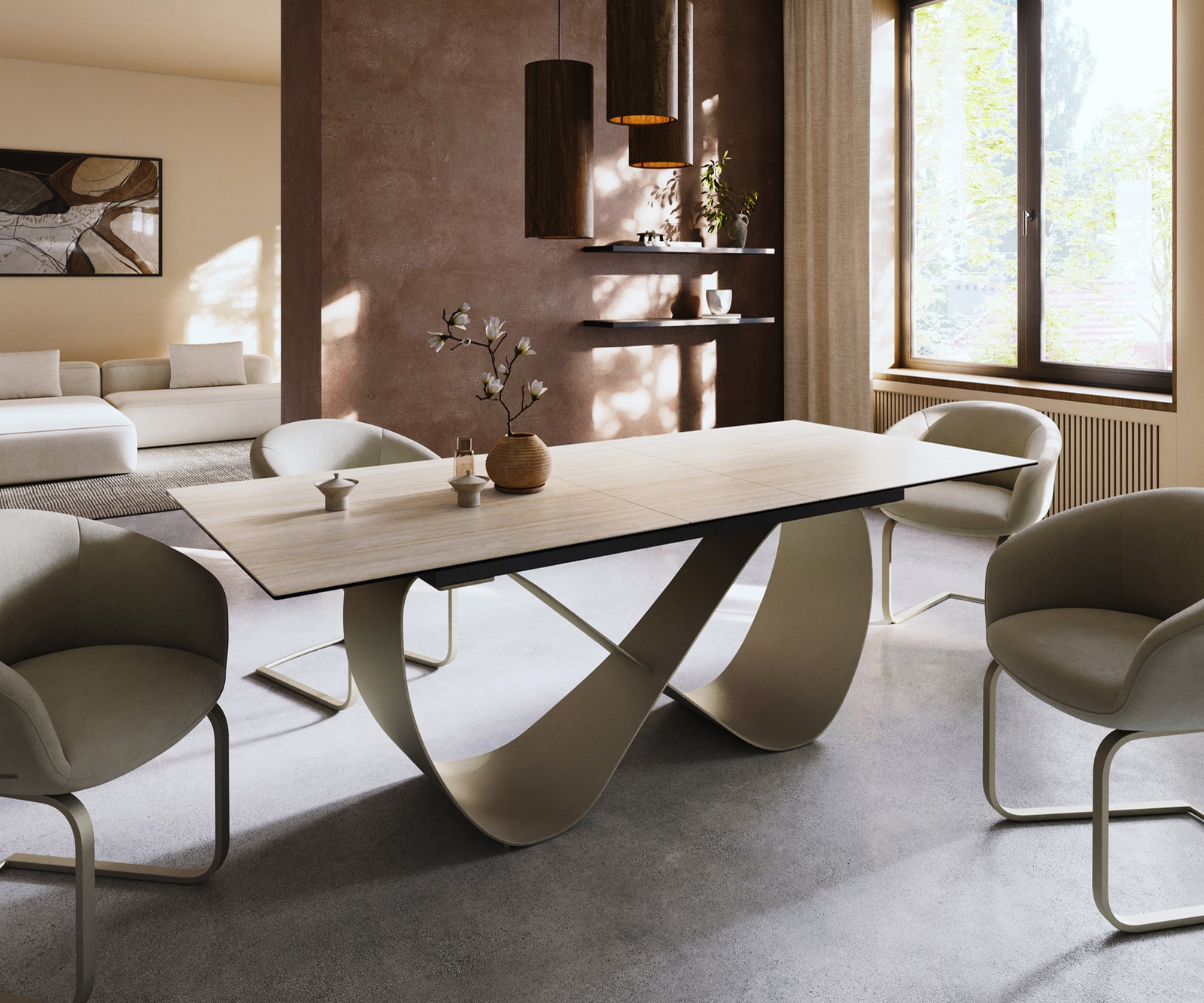 DELIFE Esstisch Edge 180-220x100 Keramik Laminam Travertino Bianco Creme-Weiß Infinity Metall Effektfinish Titan ausziehbar