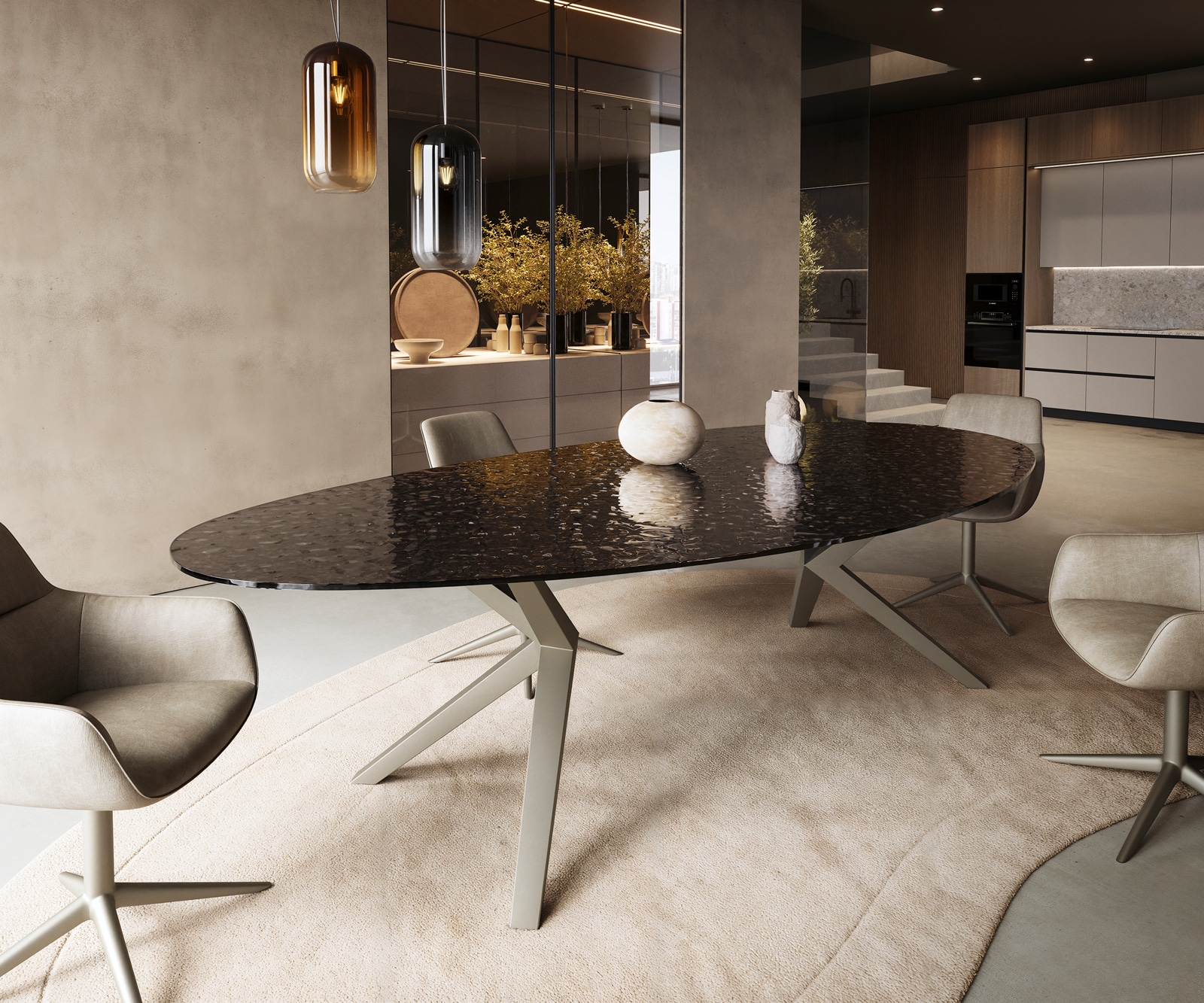 DELIFE Esstisch Edge Oval 280x130 Reliefglas Rauchschwarz 3D-Design Zenthara kantig Metall Effektfinish Titan