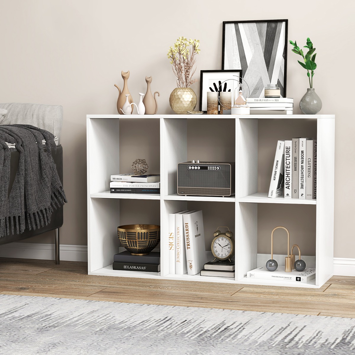 Costway Boekenkast met 6 Vakken Cube Kast Vrijstaande Kast Open Kast Opbergkast voor de Woonkamer Wit