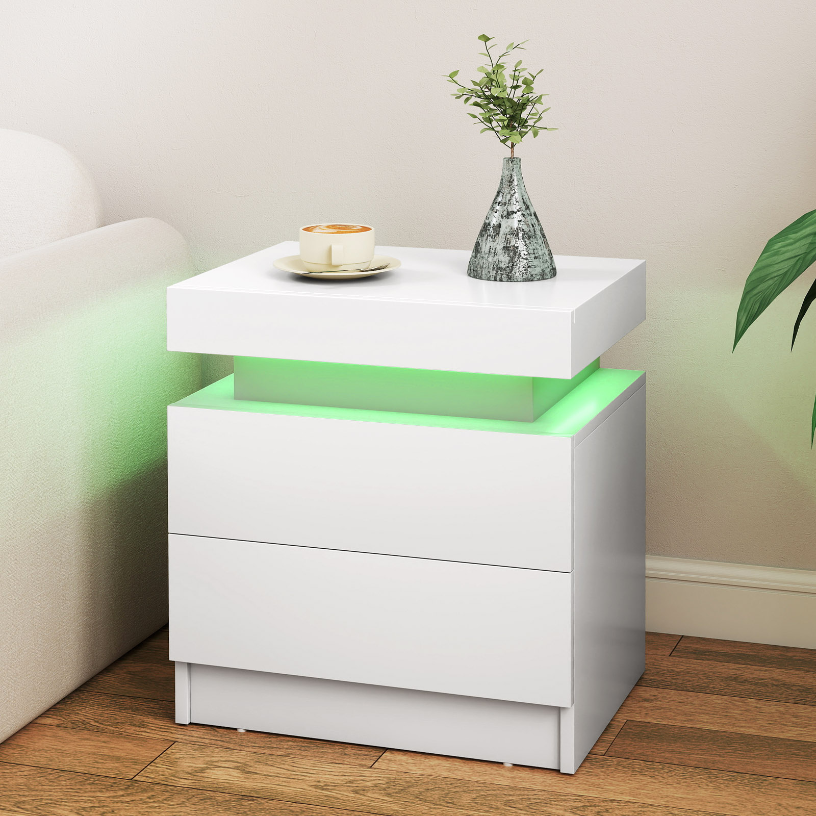 Costway Nachtkastje met LED-verlichting Nachtcommode met 2 Lades Moderne Bijzettafel Wit