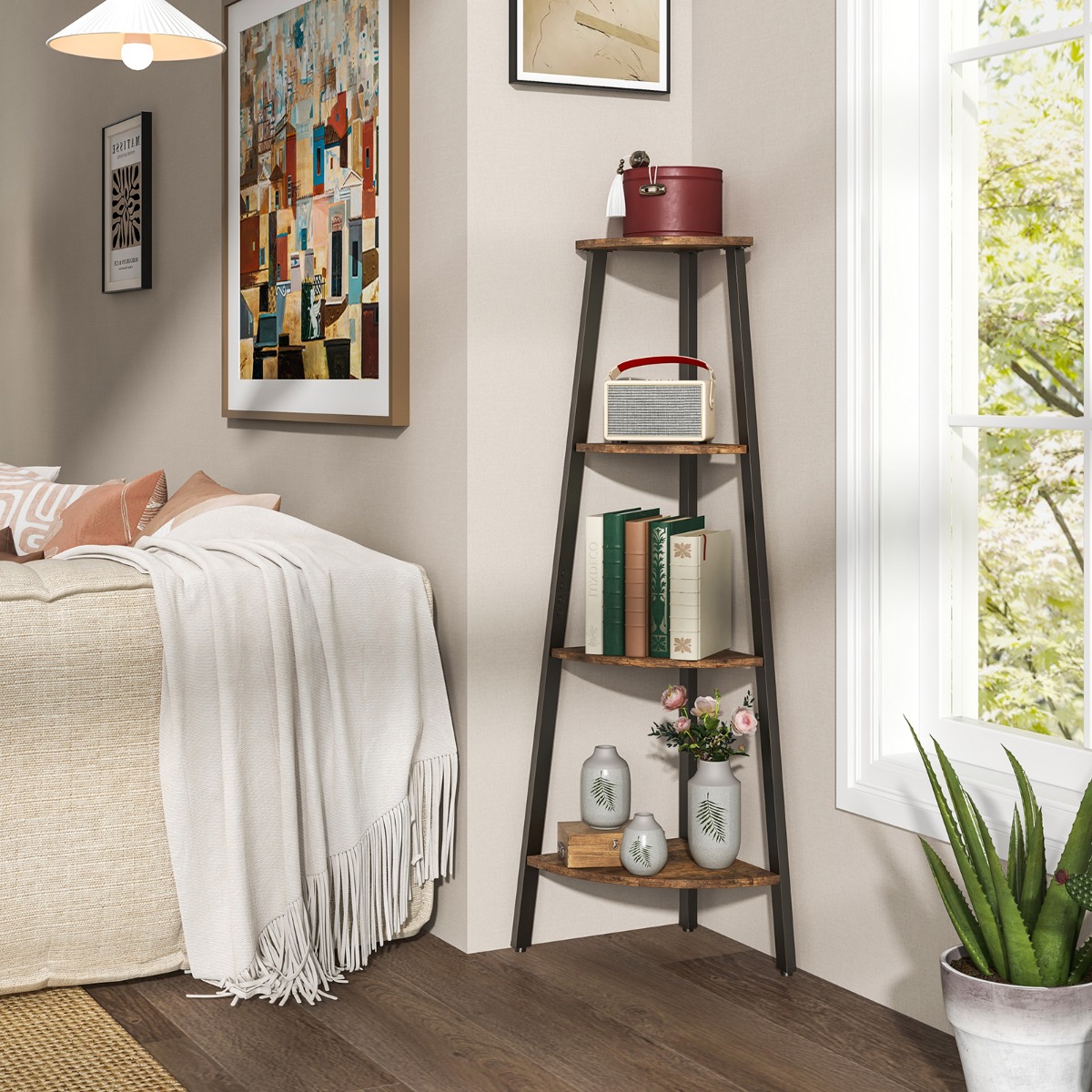 Costway Hoekplank Boekenkast met 4 Niveaus Ladderrek Opbergrek Plantenrek voor Woonkamer Slaapkamer Industrieel Design Rustiek Bruin
