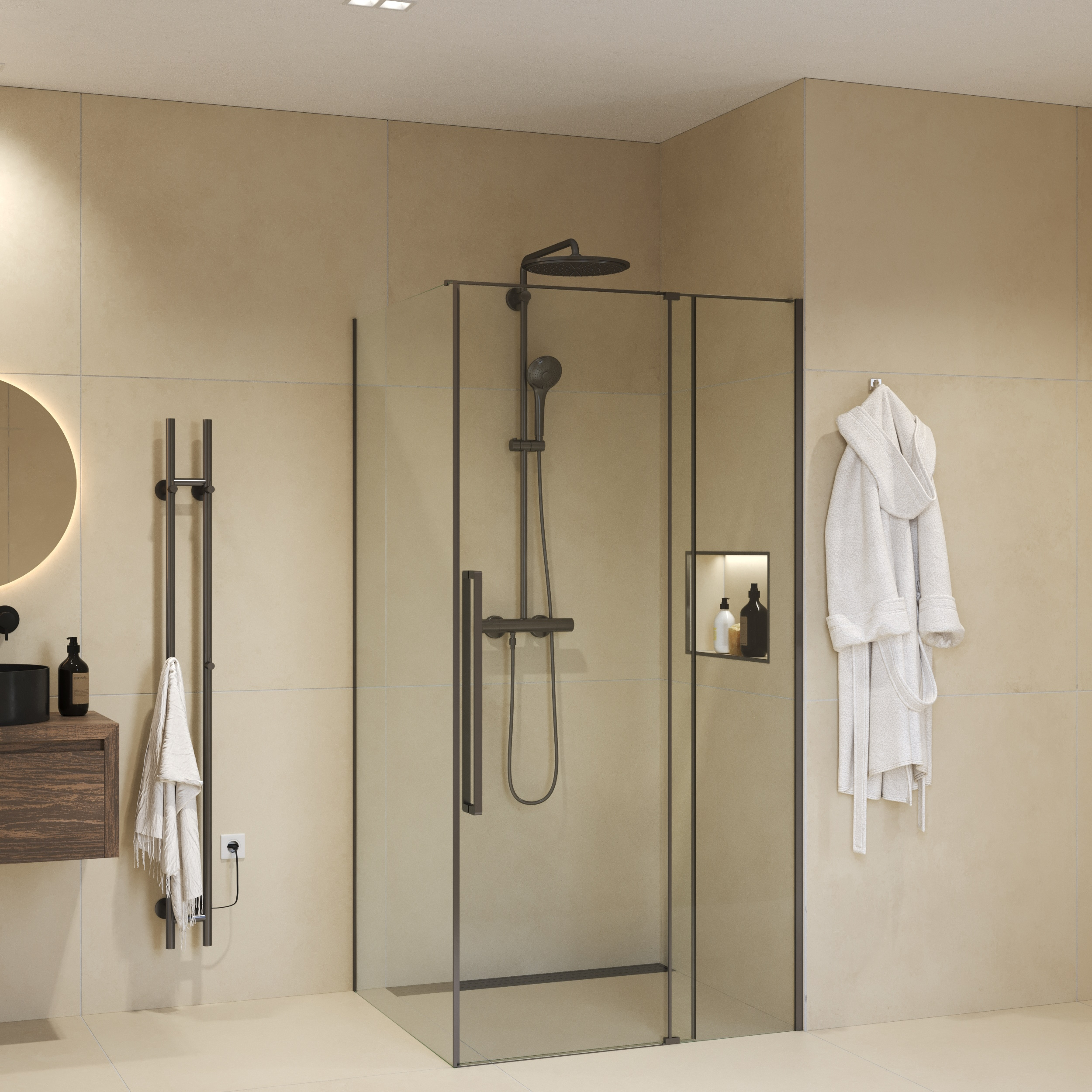 Sanivo Douchecabine  Sena Met Vast Paneel Helder Glas Met Montagesets Gunmetal (Alle Maten)