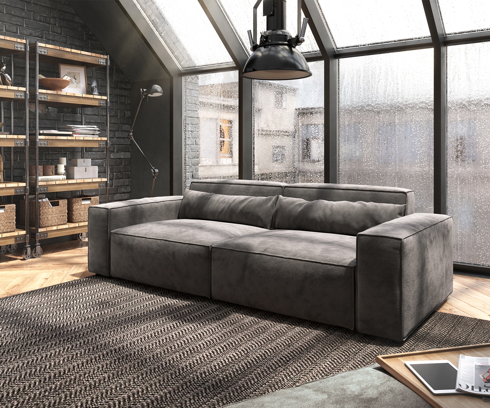 DELIFE Big-Sofa Sirpio 230x90 cm Mikrofaser Khakibraun mit Hocker