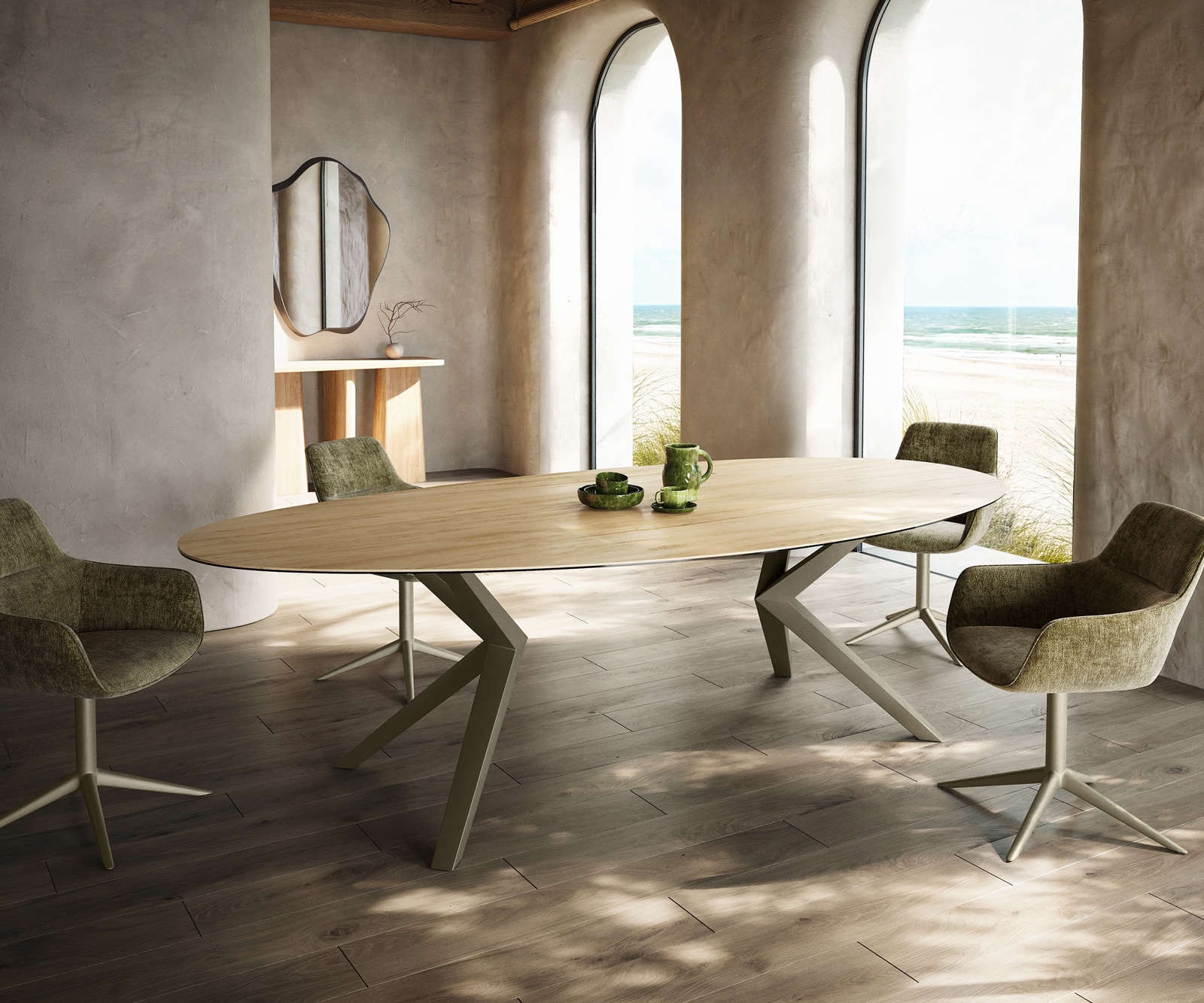 DELIFE Esstisch Edge Oval 280x130 Keramik Laminam Sabbia Eichefarbig Zenthara kantig Metall Effektfinish Titan