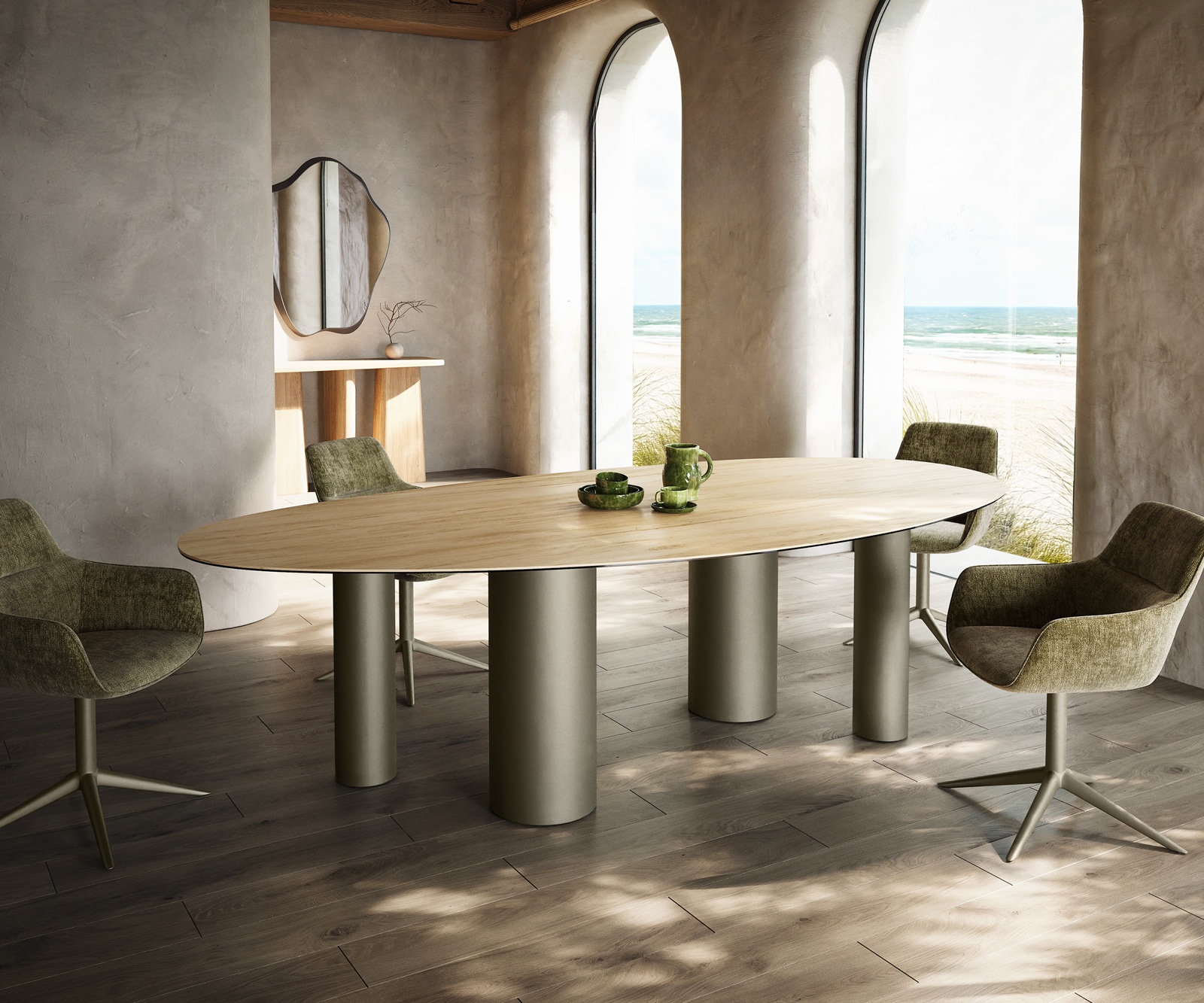 DELIFE Esstisch Edge Oval 280x130 Keramik Laminam Sabbia Eichefarbig Pilier Metall Effektfinish Titan