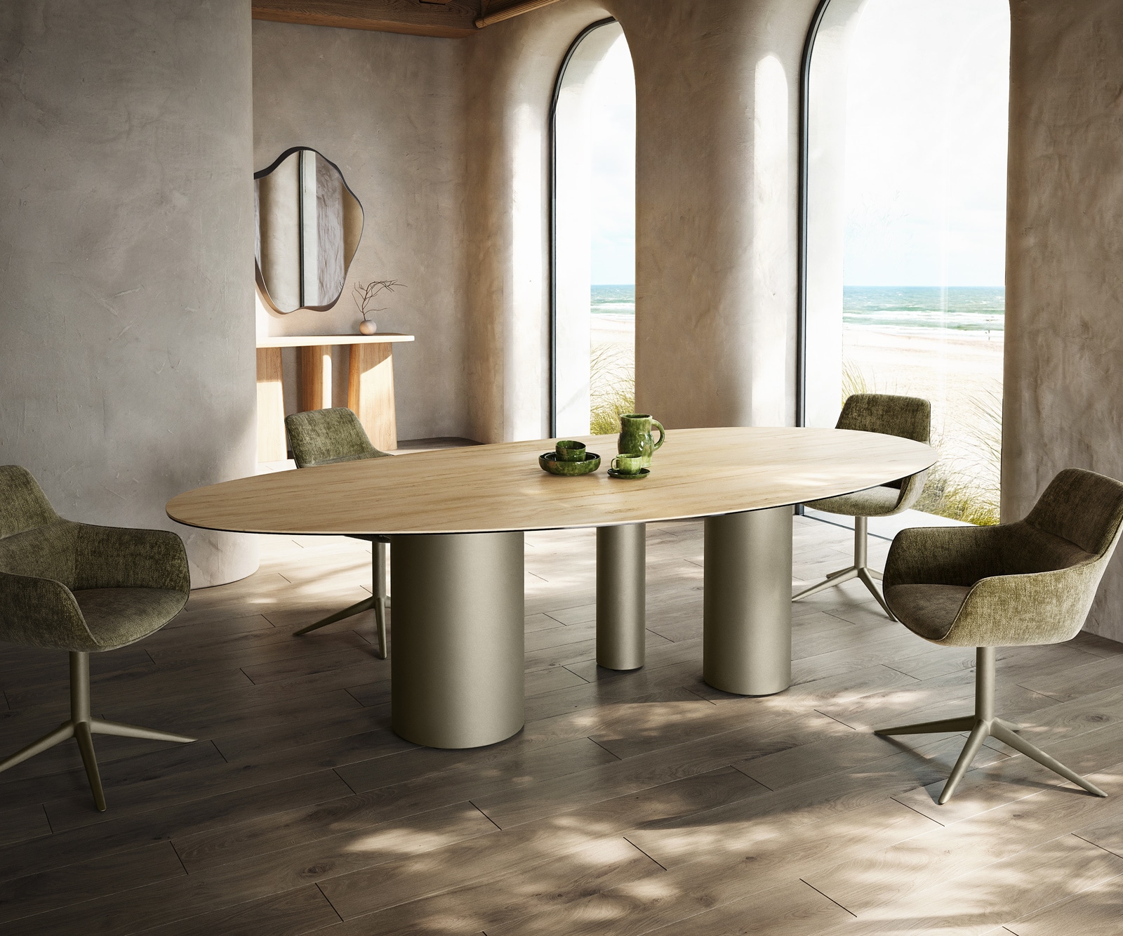 DELIFE Esstisch Edge Oval 280x130 Keramik Laminam Sabbia Eichefarbig Troa Metall Effektfinish Titan