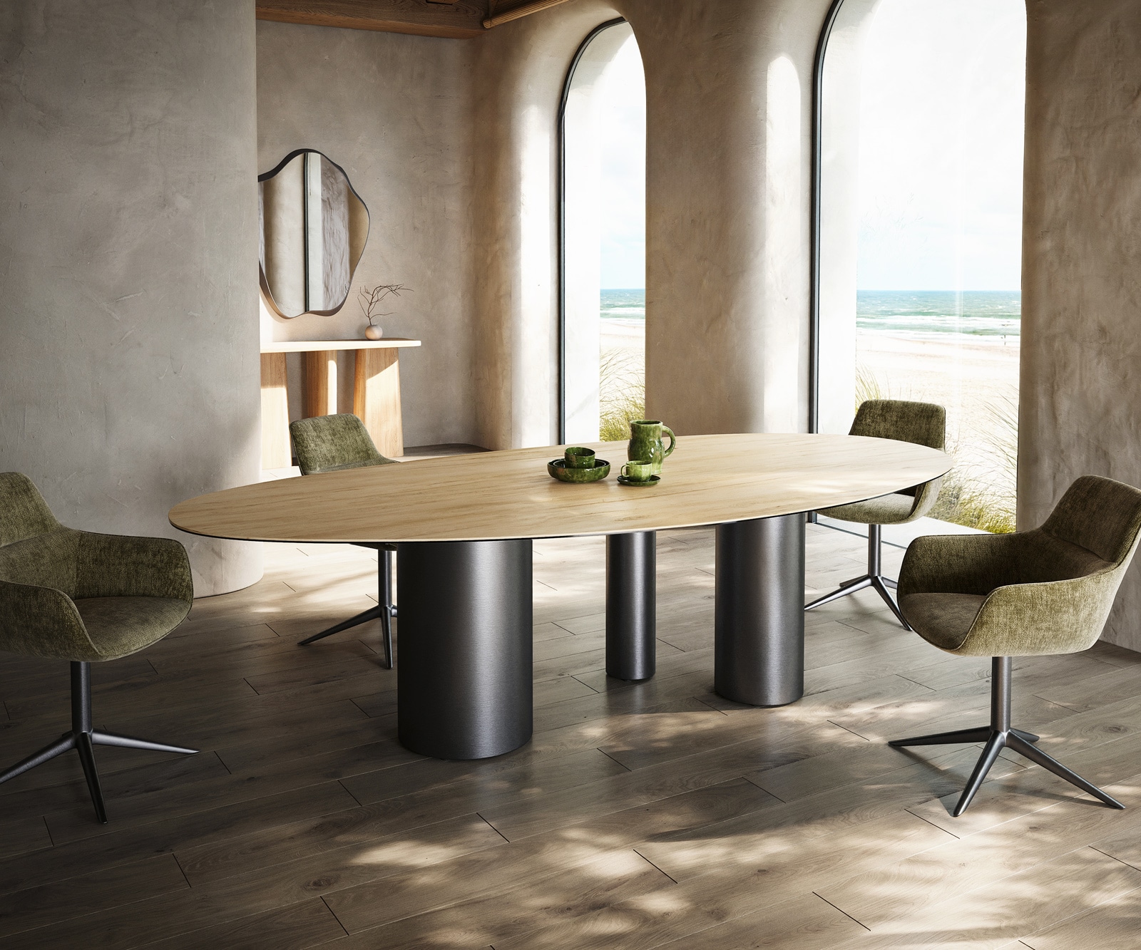 DELIFE Esstisch Edge Oval 280x130 Keramik Laminam Sabbia Eichefarbig Troa Edelstahl Graphit