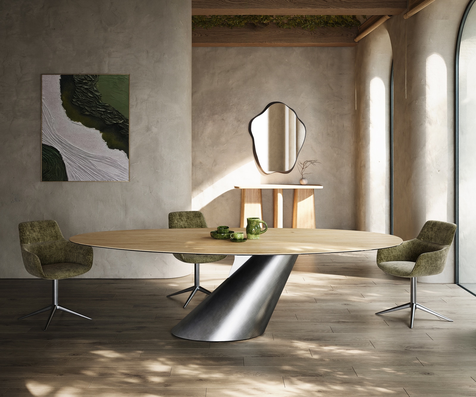 DELIFE Esstisch Edge Oval 280x130 Keramik Laminam Sabbia Eichefarbig Cono Metallic Silber