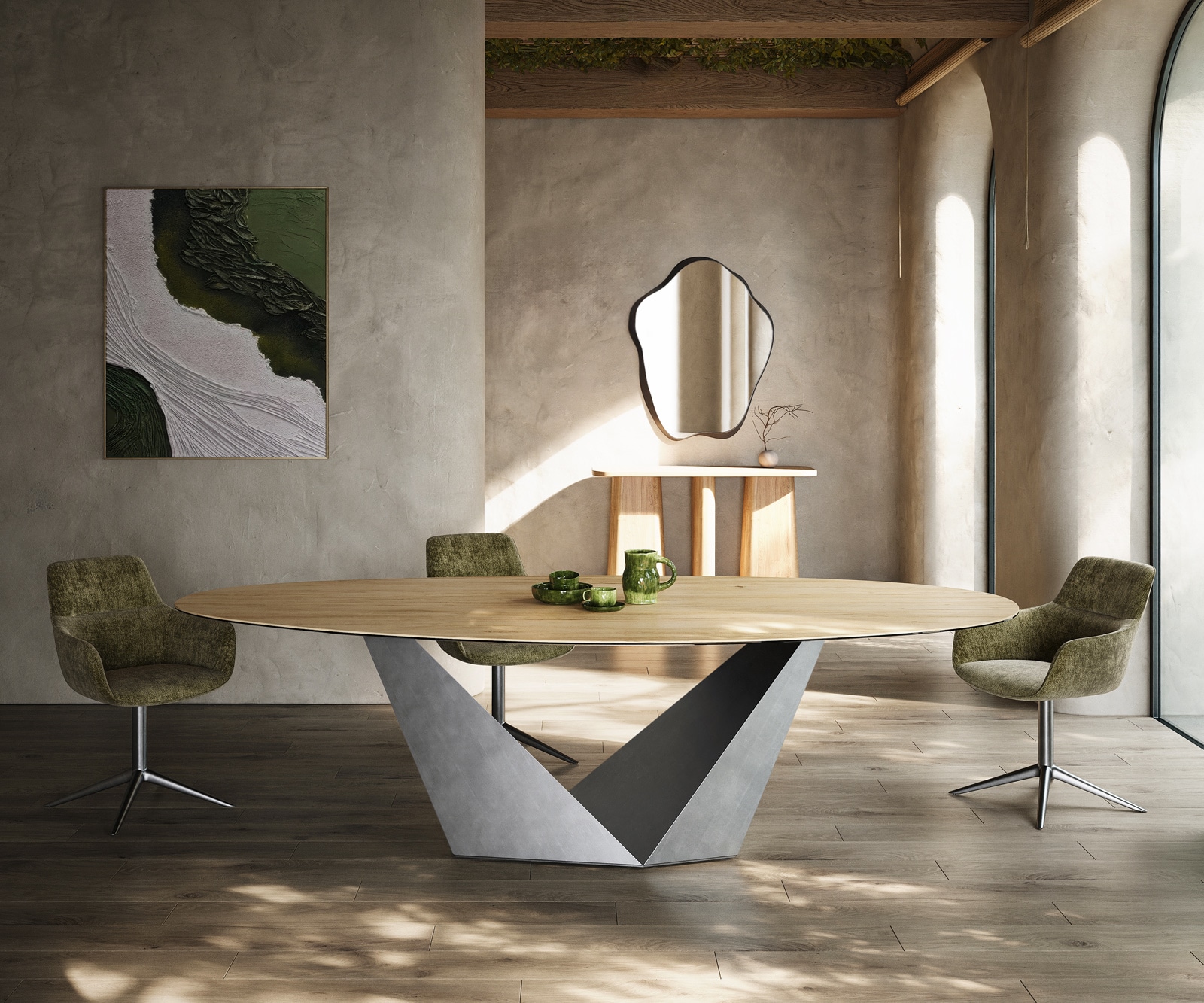 DELIFE Esstisch Edge Oval 280x130 Keramik Laminam Sabbia Eichefarbig Prisma Metallic Silber