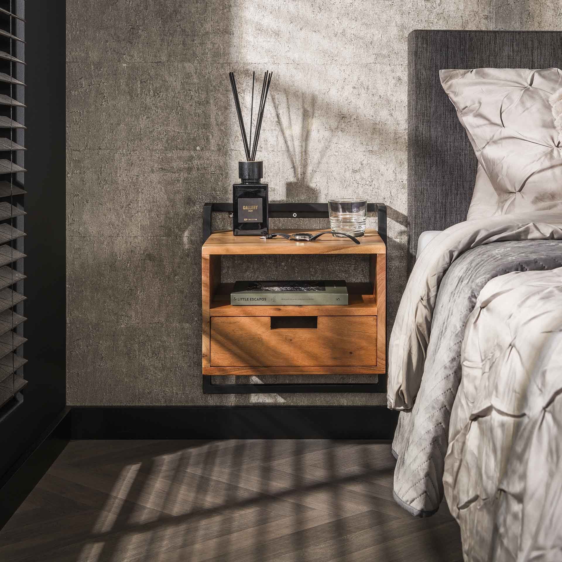 LifestyleFurn Nachtkastje Cruz Acaciahout en metaal, Met 1 lade - Bruin