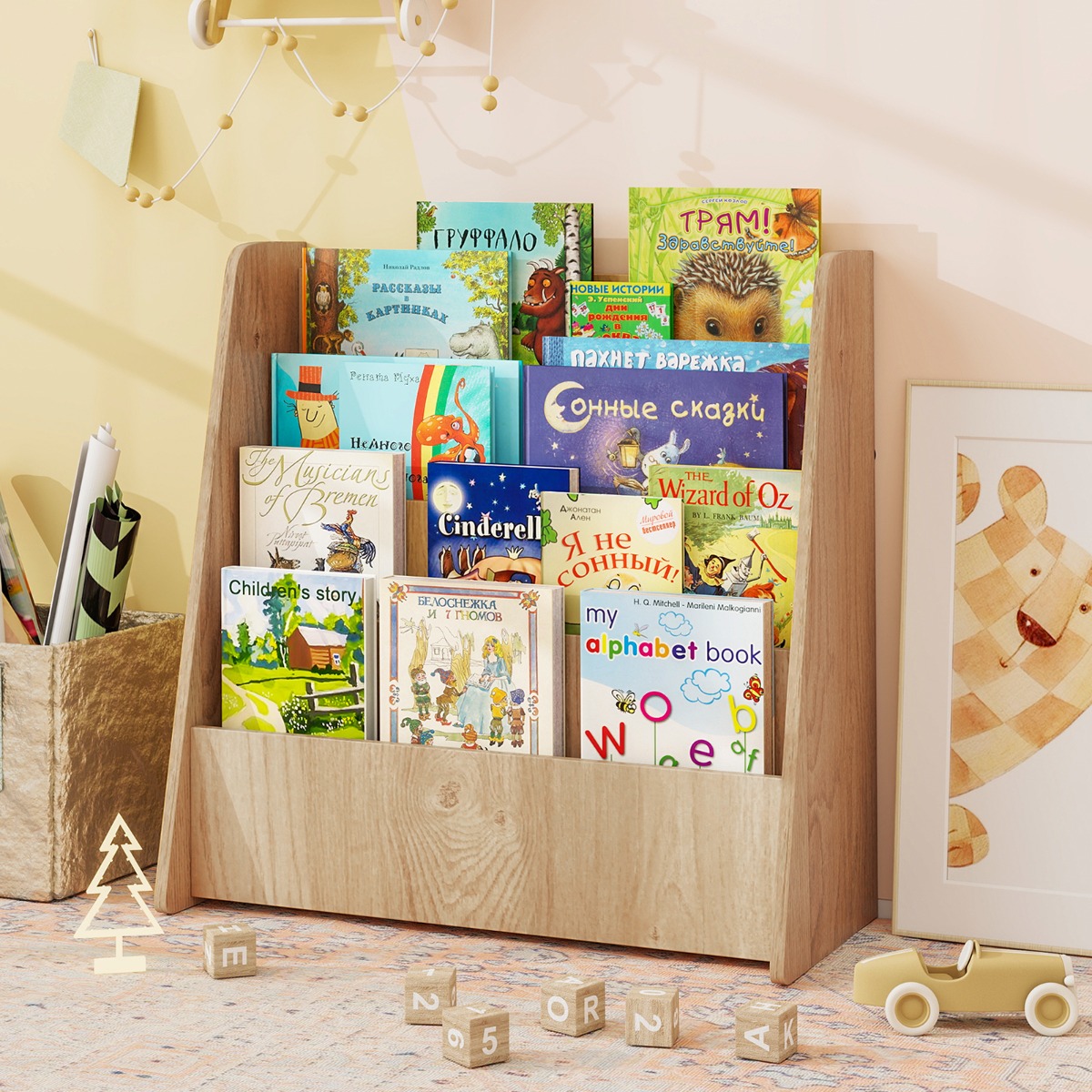Costway Kinderboekenrek met 4 Opbergvakken Kinderrek Tijdschriftenhouder Boekenstandaard Natuur