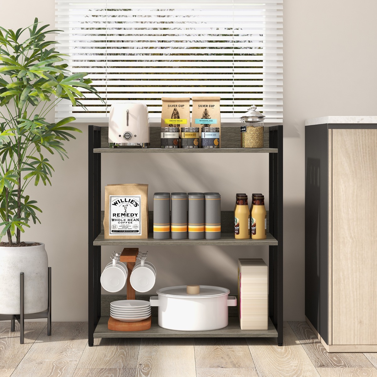 Costway Boekenkast met 3 Niveaus Staande Kast met Verstelbare Planken en Metalen Frame 70 x 35 x 81 cm Grijs