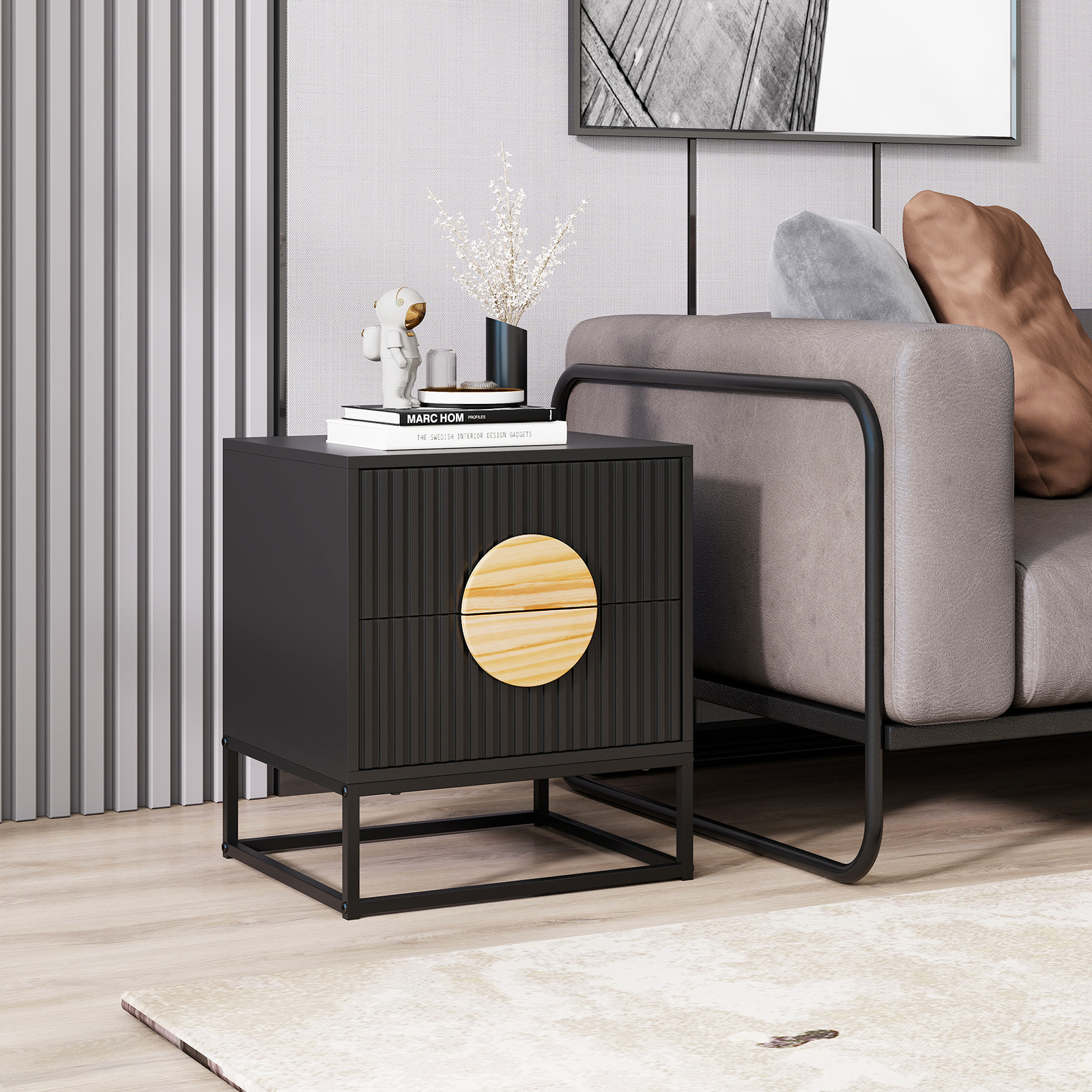 Costway Gecombineerde Nachttafel Bijzettafel met 2 Lades Dennenhouten Grepen en Metalen Frame Moderne Mid-century Bijzettafel Zwart