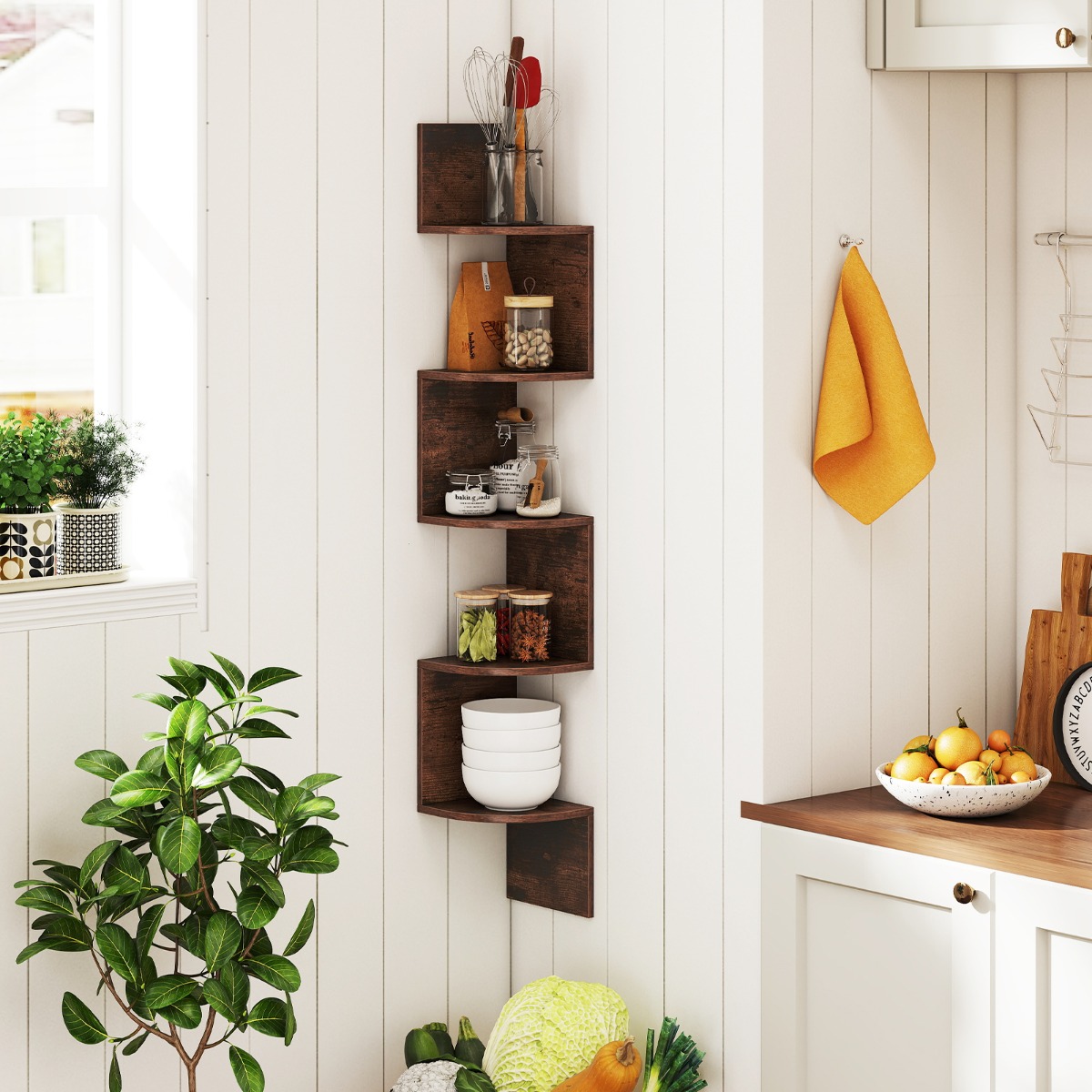 Costway 5-laags Hangend Hoekrek Zwevend Boekenrek Wandgemonteerd Zwevend Rek Bruin