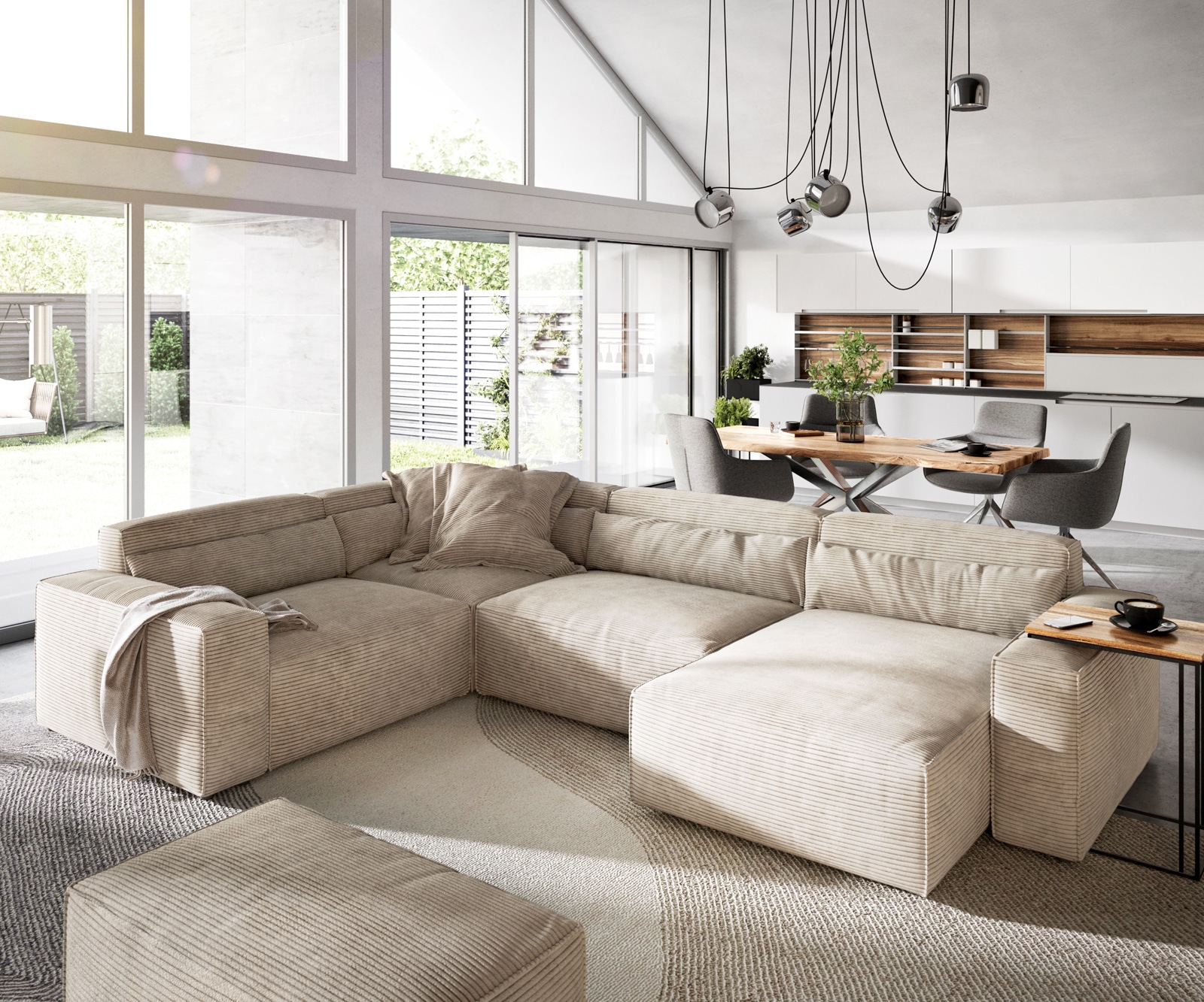 DELIFE Wohnlandschaft Sirpio 300x200 cm Cord Beige Recamiere variabel mit Hocker