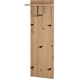 HAKU wandkapstok, 5 haken, elk met 3 kg draagvermogen, kledingstang, hoedenplank, B 300 x D 200 x H 1000 mm, hout/metaal, licht eiken decor/zwart