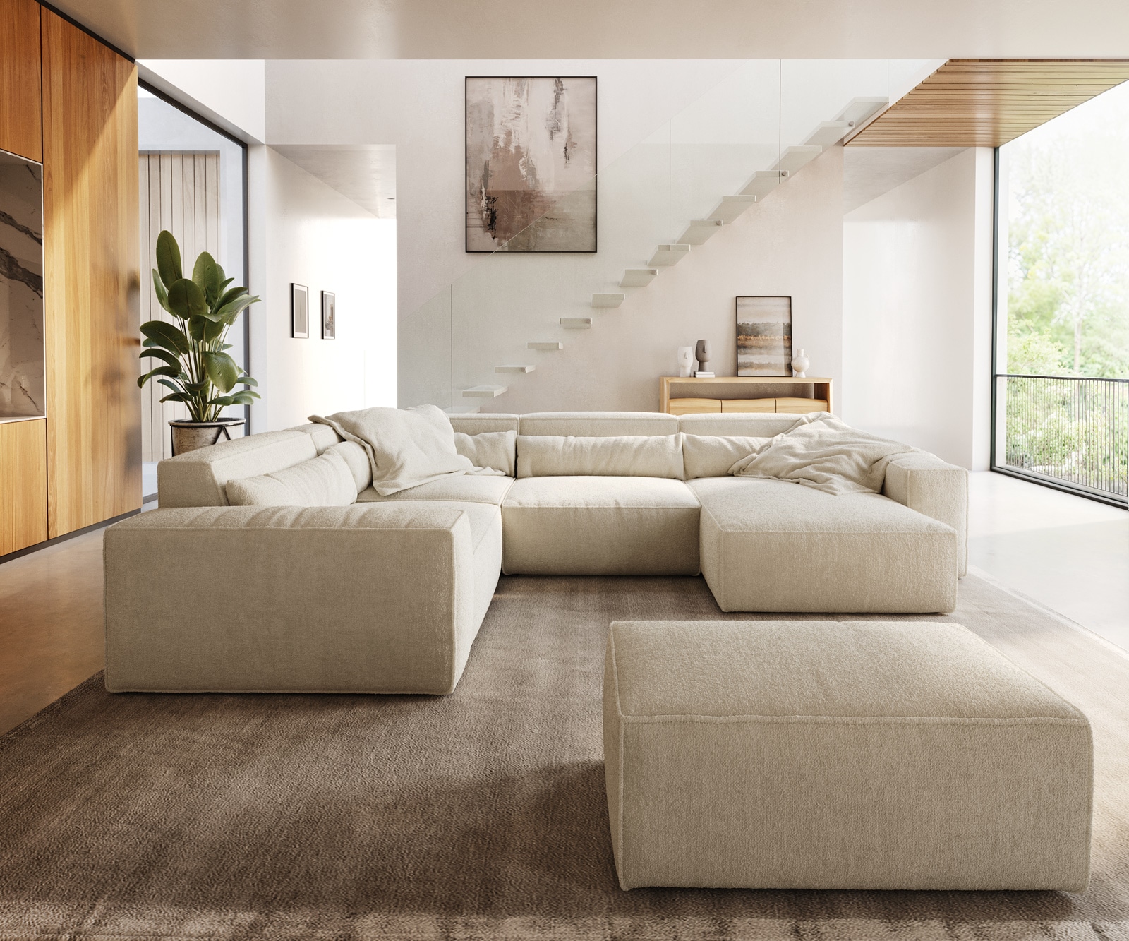 DELIFE Wohnlandschaft Sirpio 300x200 cm Bouclé Creme-Weiß Recamiere variabel mit Hocker