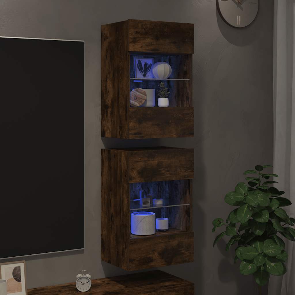 vidaXL Wandkasten met LED-verlichting voor tv 2 st 40x30x60,5 cm gerookt eikenkleurig