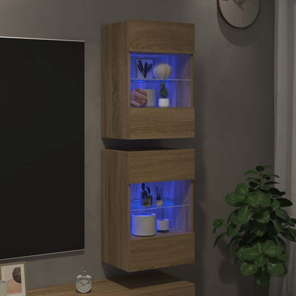 vidaXL Wandkasten met LED-verlichting voor tv 2 st 40x30x60,5 cm sonoma eikenkleurig