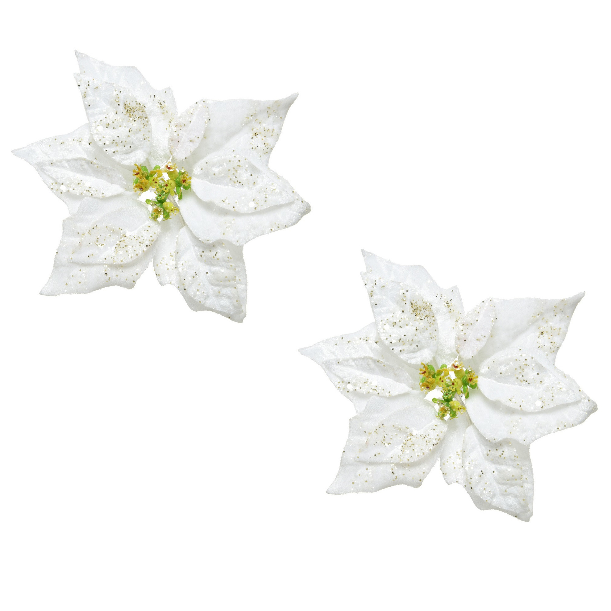 Merkloos Kerstversiering bloem - 2x stuks - wit glitter - op clip - 20 cm - Decoratiebloemen - kerstversierin -