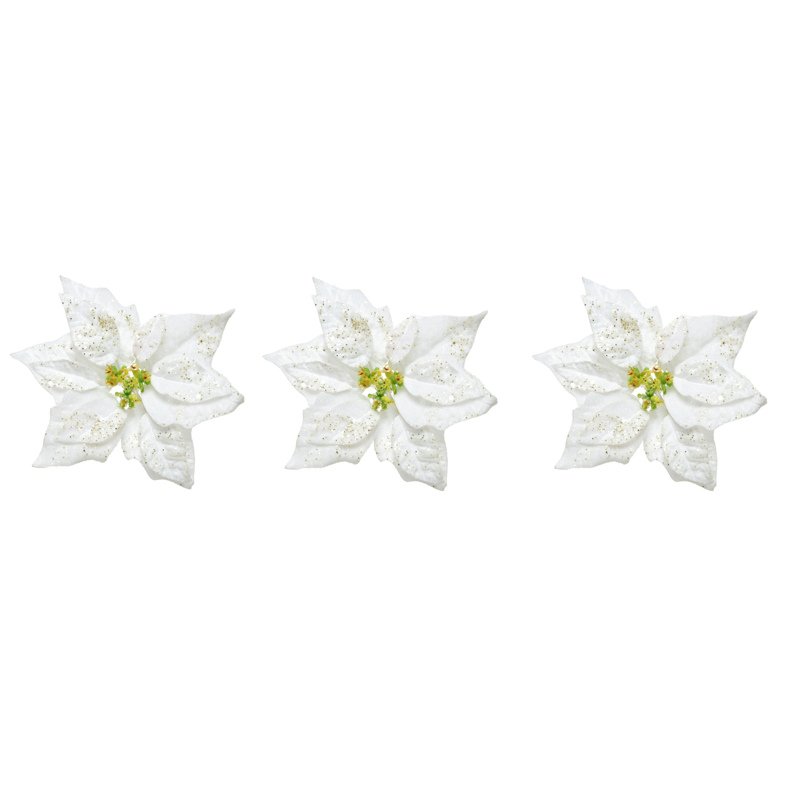 Merkloos Kerstversiering bloem - 4x stuks - wit glitter - op clip - 20 cm - Decoratiebloemen - kerstversierin -