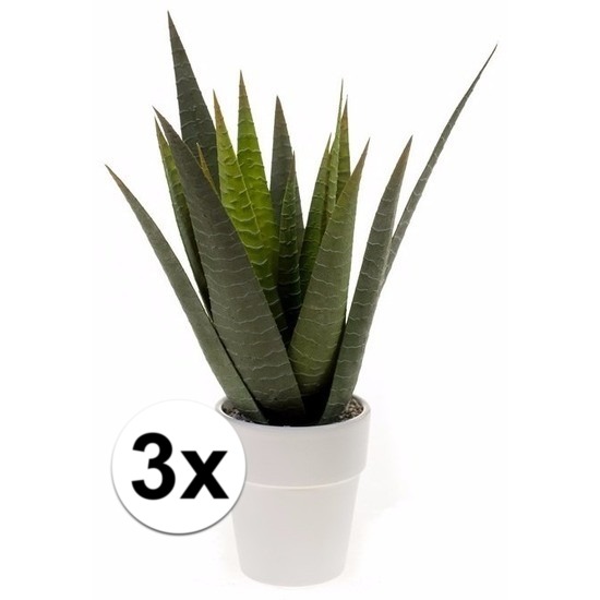 Bellatio flowers & plants 3x Kunstplant aloe vera groen in zwarte pot 23 cm -