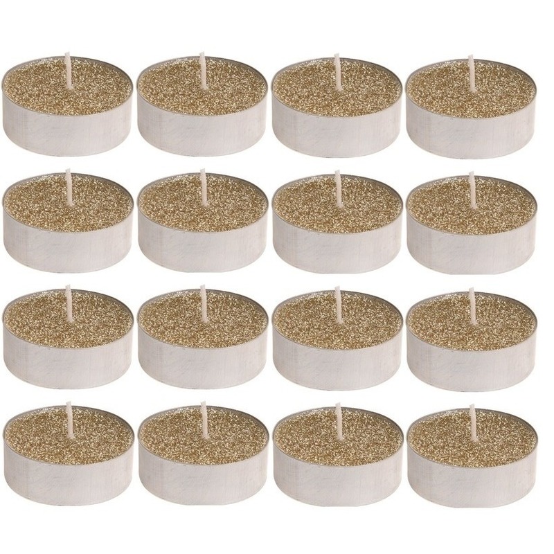 Merkloos Waxinelichtjes - 16x st - goud glitter - 3,7 cm - theelichtjes - waxinekaarsjes -
