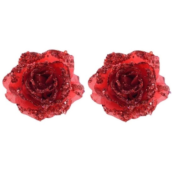 Merkloos Kerstboomversiering Bloem - 2x - 14 cm - rood - op clip - ornament - roos -