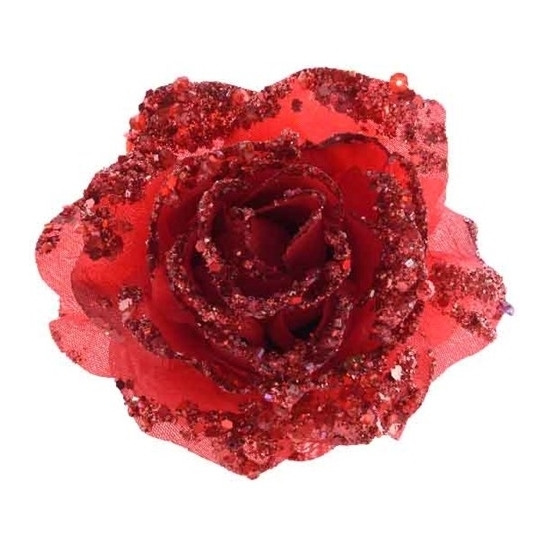 Merkloos Kerstboomversiering Bloem - 3x - 14 cm - rood - op clip - ornament - roos -