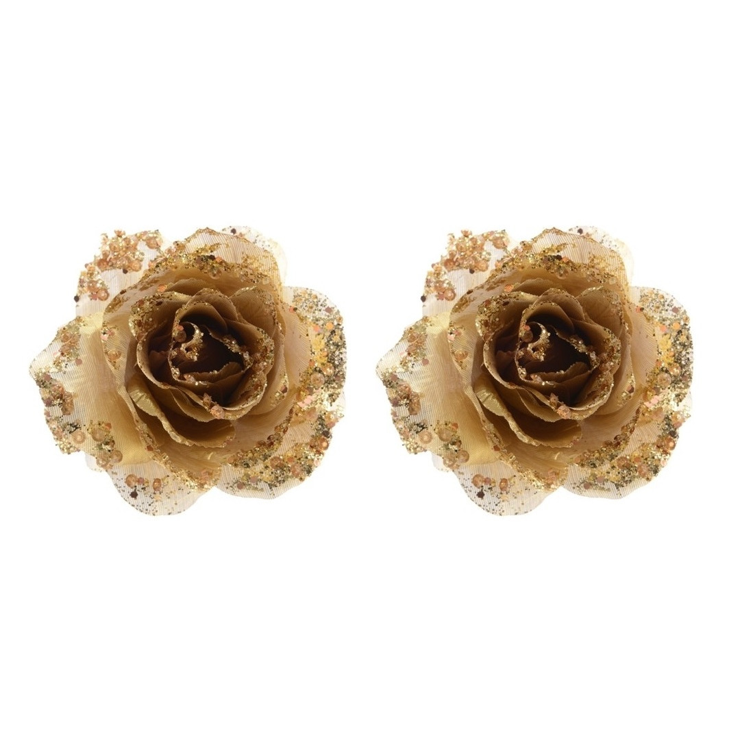 Merkloos Kerstboomversiering Bloem - 4x stuks - 14 cm - goud - op clip - ornament - roos -