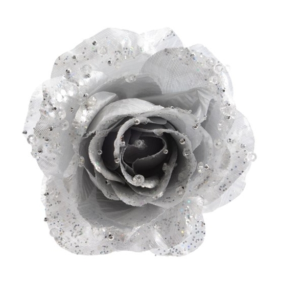 Merkloos Kerstboomversiering Bloem - 6x - 12 cm - zilver - op clip - ornament - roos -