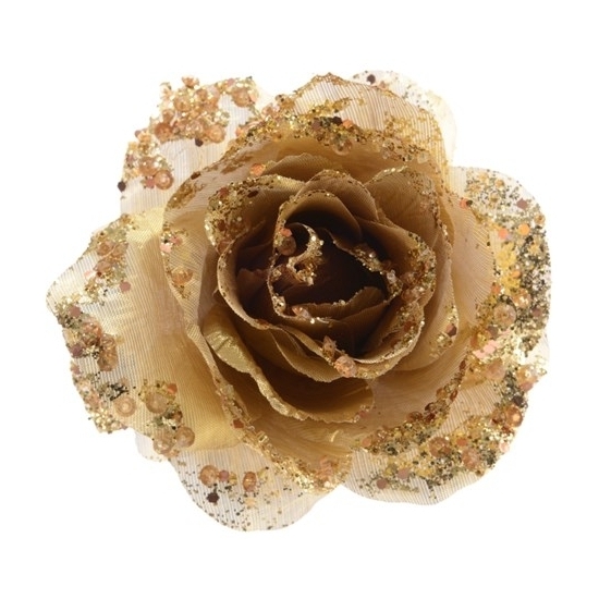 Merkloos Kerstboomversiering Bloem - 6x - 14 cm - goud - op clip - ornament - roos -