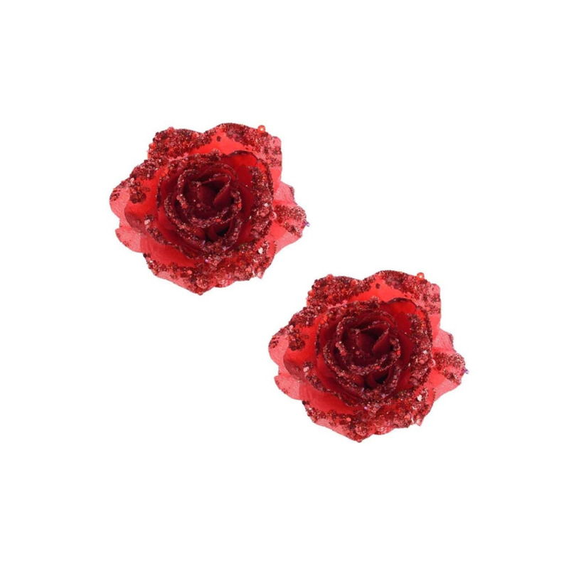 Decoris Kerstboomversiering Bloem - 10x stuks - 14 cm - rood - op clip - ornament - roos -