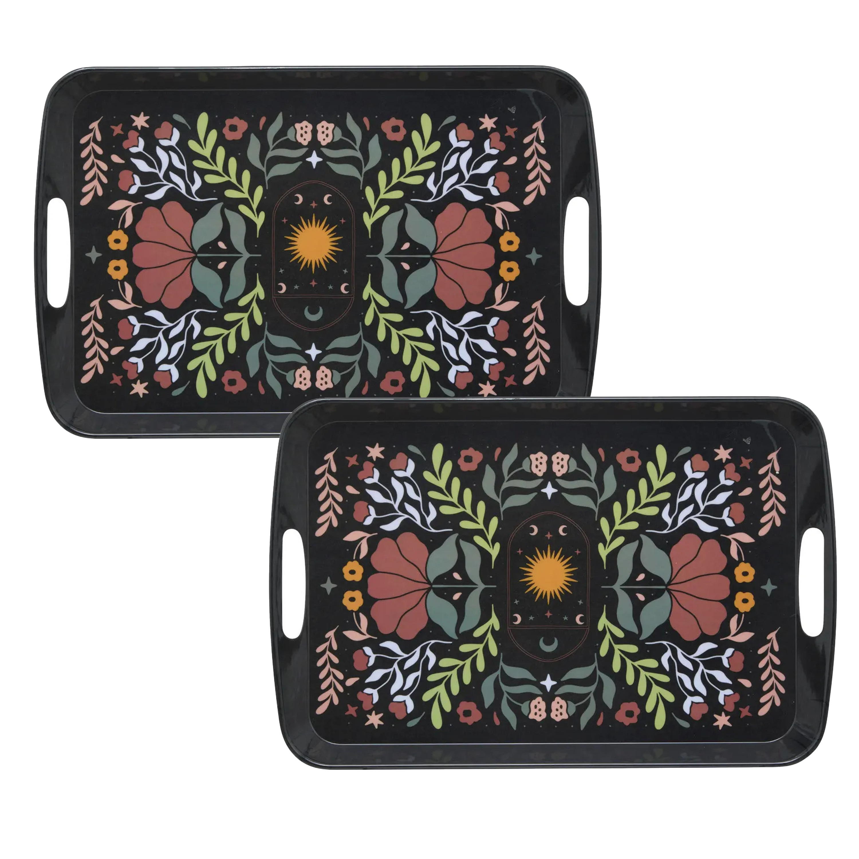 5five Designer dienbladen van melamine - 2x - 47 x 30 x 2 cm - flowers print zwart -