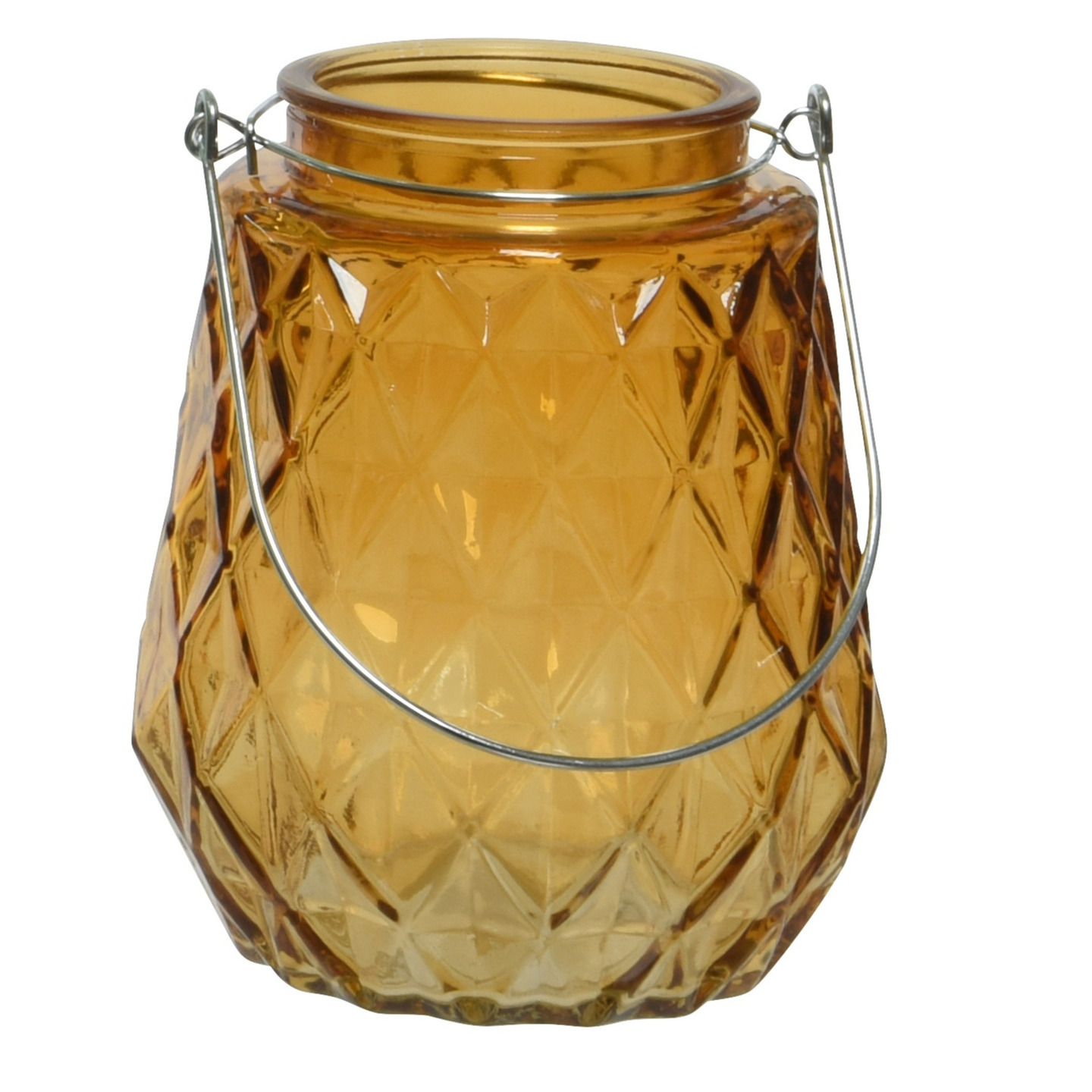 Decoris Waxinelichtjes houder - ruitjes glas - oranje - 11 x 13 cm - handvat - Sfeer kaarsen -