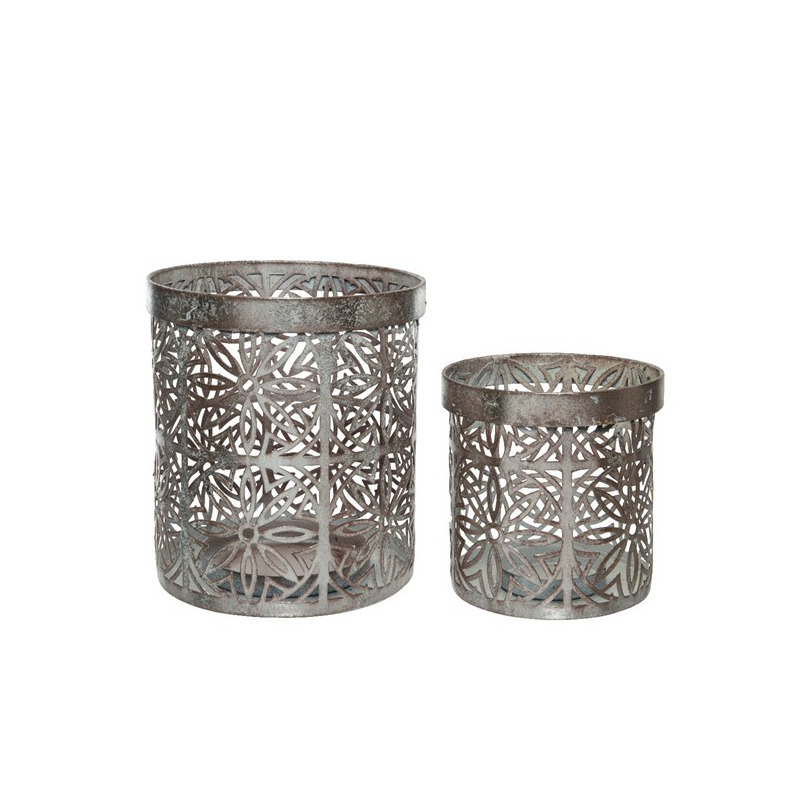 Decoris Waxinelicht houders set - 2x - metaal - grijs - bloemenpatroon - Windlichtjes - kaarsenhoude -